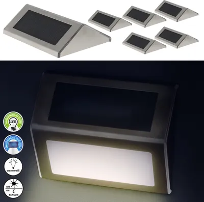Produktbild von Solar LED Wandleuchte 6er Set 10x8x2cm IP44 Edelstahl Kunststoff warmweiß akkubetrieben Wandlampe