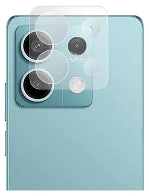 The back of a light blue smartphone with a camera lens protector applied over the camera module.