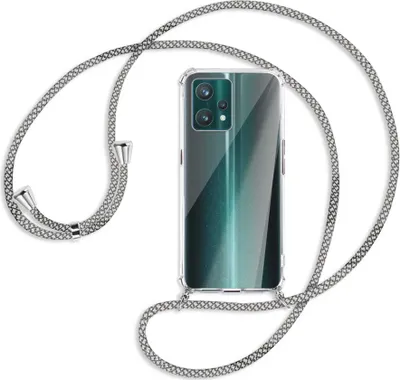 Produktbild von Handykette Backcover-Schutzhülle mit Band (Metall silberfarben) für Realme 9 Pro Plus 5G - weiß/grau kariert