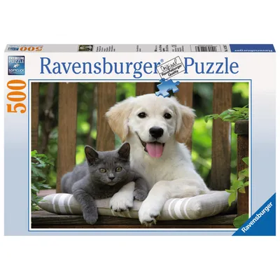 Produktbild von 500 Teile Ravensburger Puzzle Mittagspäuschen Hund Katze 14234