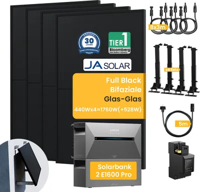 Produktbild von Balkonkraftwerk mit Speicher 3.2kWh, Solarbank2 E1600Pro mit BP1600, JaSolar 1760W (+528W)Bifaziale Solarmodule mit 4 Sets Halterung für Flachdach
