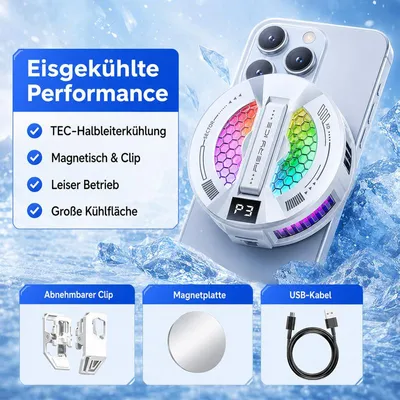 Produktbild von Smartphone Kühler, Semiconductor Kühlsystem mit Magnet‑ und Clip‑Funktion, Buntes RGB‑Licht, Leiser Lüfter für Handy beim Spielen, Weiß