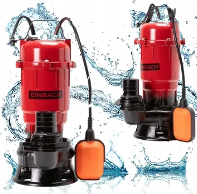 Two red and black submersible pumps with orange float switches are shown against a white background with water splashes.