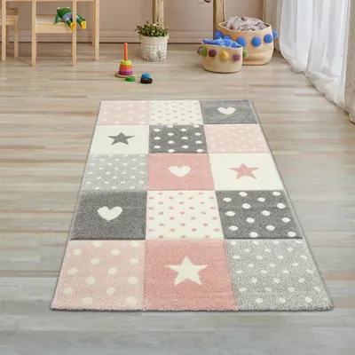 Image de Tapis de chambre d'enfant Jeu & Bébé Tapis Coeur Etoile Points Design en rose blanc gris Taille - 80 x 150 cm