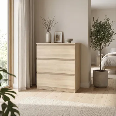 Produktbild von Masseno Kommode NUDO 70 cm Sideboard mit 3 Schubladen und  Türen für Wohnzimmer Schlafzimmer Modern 70x39x78,5 cm Sonoma Eiche / Sonoma Eiche