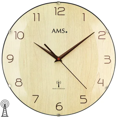 Produktbild von AMS 5557 Wanduhr Funk Funkwanduhr analog rund Ahorn-Optik