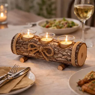 Image de Porte-bougies moderne en bois, avec 3 supports en verre pour bougies chauffe-plat