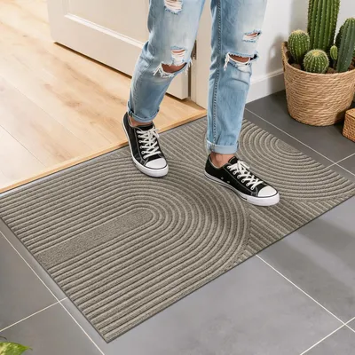 Image de Paillasson intérieur/extérieur, 50x80 cm, beige, antidérapant, tapis de protection contre la saleté, absorbant, découpable, lavable
