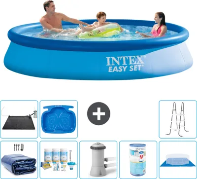 Produktbild von Intex runder aufblasbarer Easy-Set-Pool – 366 x 76 cm – Blau – im Lieferumfang enthalten Sonnensegel - Wartungspaket - Filterpumpe für Schwimmbad - Filter - Bodenplane - Solarmatte