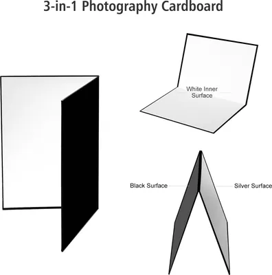 Productafbeelding van 3-in-1 fotografieplaat, inklapbaar reflector-diffusiebord (zwart + wit/zilver) voor het maken van foto's van stillevens, producten en voedsel, formaat A4