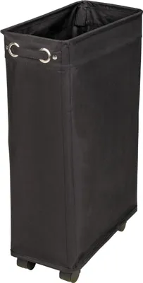 A black laundry basket with wheels.