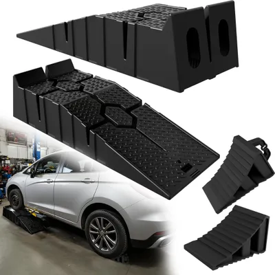 Produktbild von LARS360 2er Auffahrrampe + 2 Unterlegkeile, PP-Kunststoff, rutschfest, 5 t Tragfähigkeit, Radkeile Set für PKW, Wohnmobil, Anhänger – schwarz + schwarz