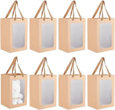 Image de Boîte en carton transparente avec des poignées en papier marron, dimensions 30x20x16 cm, sac cadeau pour anniversaire et fêtes, lot de 8