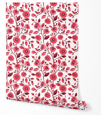 Produktbild von Selbstklebende Tapete Möbelfolie Blumen Rot Tapete Floral Aquarell Muster Wohnzimmer Schlafzimmer Küche Flur Romantische Blüten Zweige Modern Vintage Wanddeko Elegant Natur Design 2,5m x 0,5m