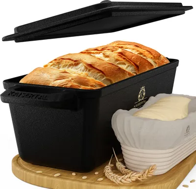 Produktbild von KAISERTAL® Brotbackform mit Deckel [inkl. Gärkorb ] - Robuste 28,5 cm Backform aus Gusseisen - Ideal als Kastenform, Toastbrot Backform, Gusseisen Topf für Brotbacken