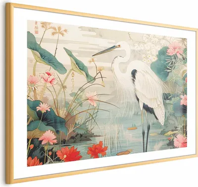 Produktbild von Posterpapier Poster - Over the Asian Pond - illustration in the Japanese print style featuring a heron 90x60 cm Tiere g-H-10110-ao-a