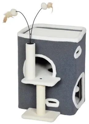 Obrázek produktu pro Kočičí škrábací strom s domečkem pro kočky | Barva: Šedá + Bílá | Rozměry: 43 x 48,5 x 58 cm