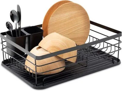 Produktbild von Teller- und Besteckabtropftrockner - Pfannen- und Topftrockner - Moderne Retro-Küchengeräte mit Wasserablauf und Metallhalter - Schwarz