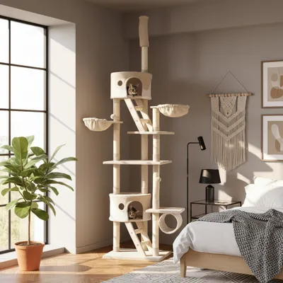 A cat tree is set up in a bedroom next to a large window and a bed.