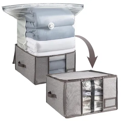 Produktbild von Vakuumbeutel für Kleidung 2 in 1, Groß Faltbar, 40x42x25 CM, Grau mit Aufbewahrungsbox, Platzsparend 80%
