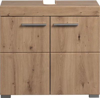 A close-up front view of a wooden cabinet with four doors and silver handles.