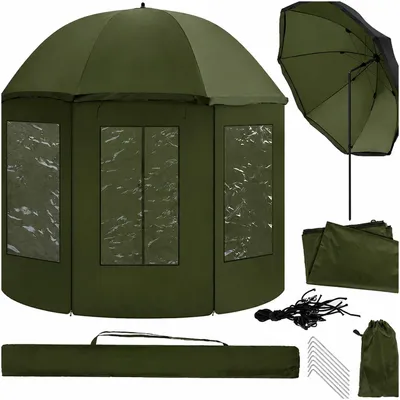 Produktbild von Angelschirm 240 cm mit Seitenwänden, Angelzelt wasserdicht mit Fenstern, Heringen und Tragetasche für Camping und Outdoor