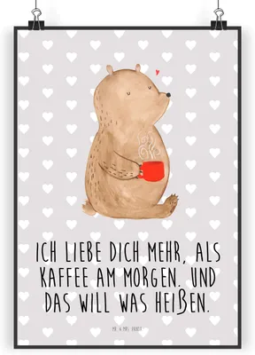 Produktbild von Mr. & Mrs. Panda Bild Bär Morgenkaffee DIN A3 - Grau Pastell - Geschenk, Kunstdruck, Hochzeitstag, poster, Valentinstag, für Frauen, Freund, Freundin, wanddeko, drucke