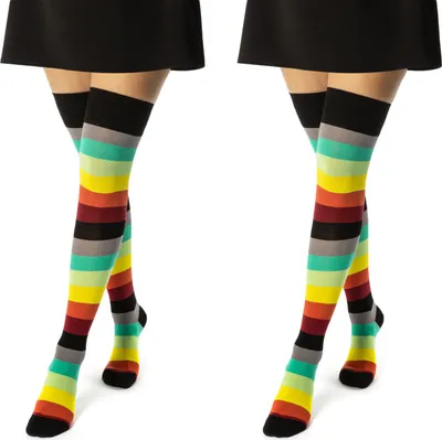 Produktbild von 2 Paar Overknee Strümpfe Damen Kniestrümpfe Baumwolle Ringel & Uni 10723 - 2x Bunt/geringelt 35-38