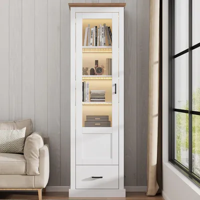 Image de Vitrine Merax avec éclairage LED, meuble haut avec 5 compartiments et un tiroir, meuble de salon en verre trempé, avec port USB, de couleur blanche