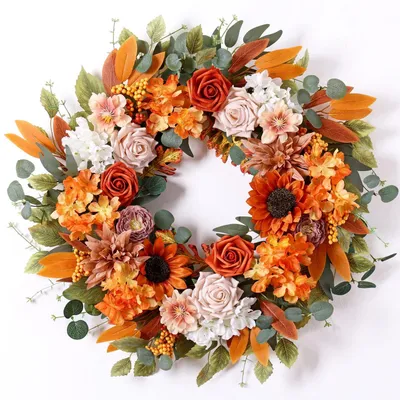 Image de Omgoods - Couronne d'automne pour décoration de porte, avec roses et baies