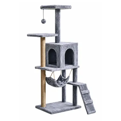 Produktbild von Kratzbaum Katze Grau 125 cm – Katzenbaum mit Höhle, Hängematte, Leiter Sisal-Kratzsäulen