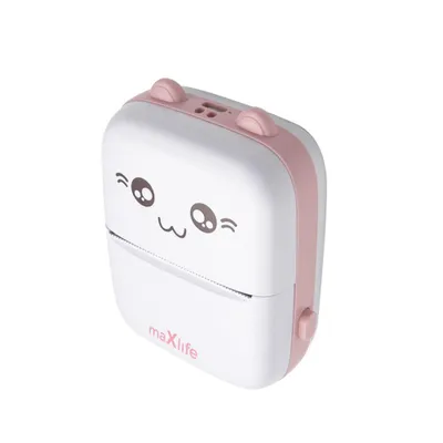 A cute, cartoon-styled mini printer with pink accents and ears, shown against a white background.