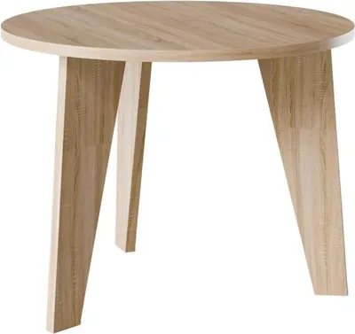 A round wooden table with three legs, shown from a slightly elevated angle against a white background.
