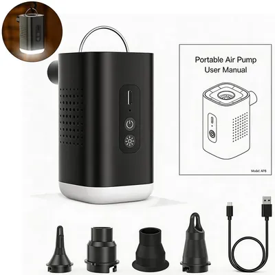 Produktbild von Mini elektrische Luftpumpe Akku, aufblasbar & absaugbar 2-in-1, USB-C wiederaufladbar, LED Camping Licht, für Luftmatratze, Pool & Outdoor