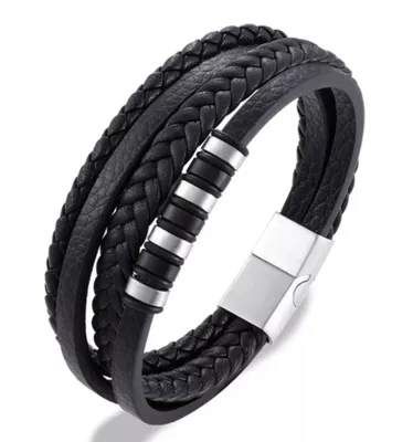 Produktbild von Armband Herren Leder Edelstahl Magnetverschluss Schwarz Silber