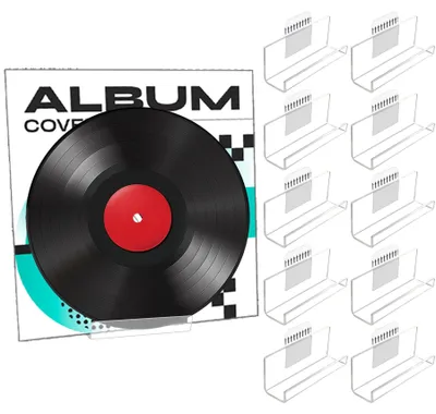 Image de Lot de 10 supports muraux pour disques vinyles avec dos autocollant, 10 x 3 x 4 cm, supports muraux en acrylique transparent pour présenter des CD dans un bureau à domicile