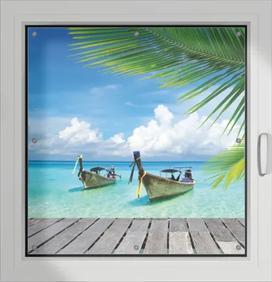Produktbild von Wallario Lichtschutzbild, Dekorativer Sichtschutz Sonnenschutz 96 x 100 cm mit Motiv: Sonnenboot in der Karibik - Verdunklung ohne Bohren