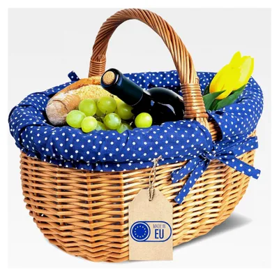 Produktbild von Großer Picknickkorb mit blauer Stoffeinlage und Pünktchen | Weidenkorb mit Henkel | Einkaufskorb | 43 x 32 x 37 cm (+/- 2 cm) | Naturbraun | Handgeflochten | Vielseitig