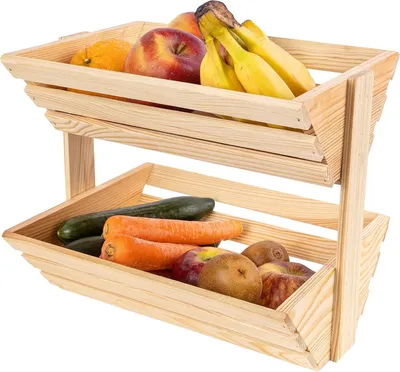 Zdjęcie produktu dla Creative Home Drewniany Kosz Dwupoziomowy na Owoce | 36 x 28 x 30 cm | Drewno Olejowane | Funkcjonalny Stojak do Przechowywania i Prezentacji