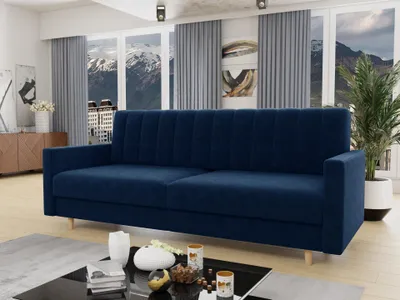 Produktbild von Schlafsofa Sara - Sofa mit Bettkasten und Schlaffunktion, Bettsofa, Schlafcouch mit Holzfüße, Velours (Dunkelblau (Kronos 09))