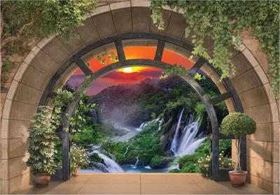 Produktbild von Vlies Fototapete 3D EFFEKT Wasserfall (312x219cm - 3 Bahnen) Fenster Ausblick Natur inklusive Kleister Wohnzimmer Schlafzimmer Wandtapete Tapete Latexdruck UV-Beständig Montagefertig