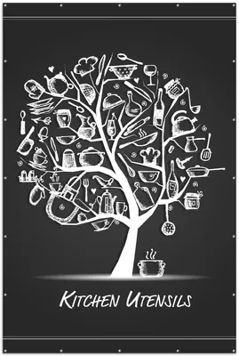 Produktbild von Wallario XXL Outdoor-Poster für Garten oder Balkon, Motiv Kitchen Utensils - Baum aus Küchenutensilien in schwarz weiß, in ca. 300 x 200 cm