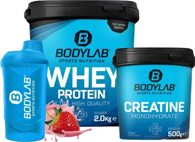 Produktbild von BODYLAB Megadeal Basic Aufbau - Whey Protein Erdbeere + Creatine Monohydrate + Shaker für Kraftsport und Fitness