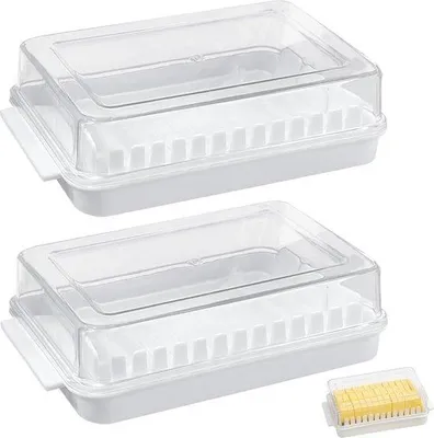 Immagine prodotto di Set da 2 contenitori per burro Unyqoos® realizzati in plastica di alta qualità con coperchio trasparente – Contenitore per tagliare e conservare il burro