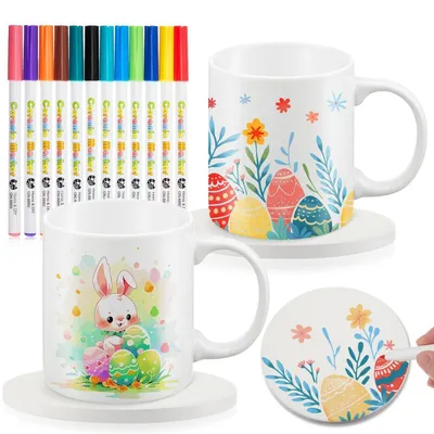 Immagine prodotto di Set per decorare tazze in Vetroceramica, composto da 2 tazze, 2 sottobicchieri, 12 pennarelli per Vetroceramica, ideale come regalo fai-da-te per adulti