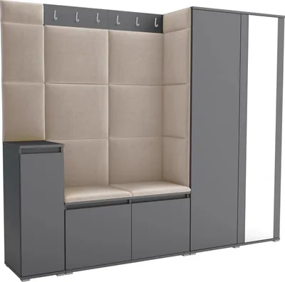 Produktbild von Garderoben-Set Noris VIII mit Spiegel, gepolsterte Garderobe 145 cm mit Schuhkommode, Wandpaneelen und Sitzbank (Farbe: Anthrazit+ Trinity 04)