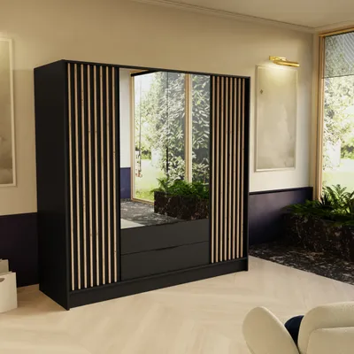 Produktbild von Drehtürenschrank NORI 200cm - Moderner Kleiderschrank mit Lamellen, Schubladen & Spiegel, Schwarz