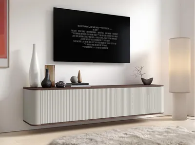 Produktbild von Hängende RTV Lowboard Misterio 200 cm Premium – stilvolle Lamellenfronten in Cashmere - Nussbaum Lincoln