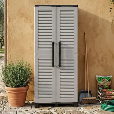 Immagine prodotto di Dmora Armadio da Esterno Askan 37x68x169h cm Grigio Chiaro, 2 Ante Portascope, Resistente ai Raggi uv, Impermeabile Italy