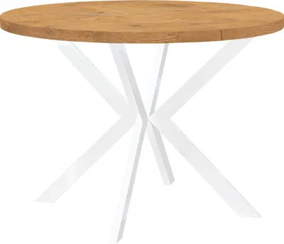 Zdjęcie produktu dla Okrągły rozkładany stół do jadalni, ENDIK, z metalowymi nogami, styl loft, industrialny, średnica: 100 / 200 cm, kolor: dąb Lancelot / biały